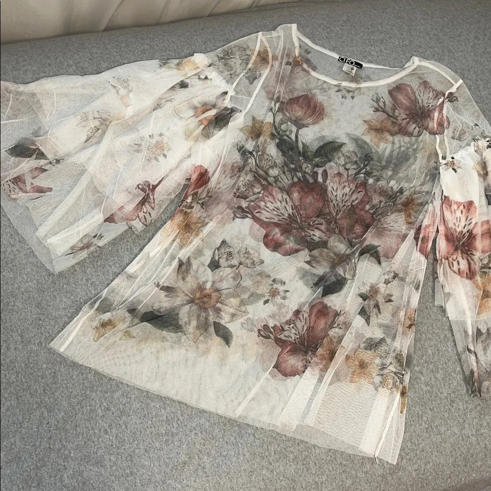 Fairy Floral Mesh Tunic Top Womens 3X Sheer Bell Sleeve Woodland Festival Beach - Picture 9 of 11